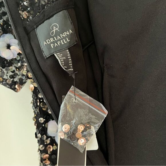 Adrianna Papell Black Floral Beaded Sequin Cocktail Dress Short Sleeve, 8 NWT - Picture 11 of 11